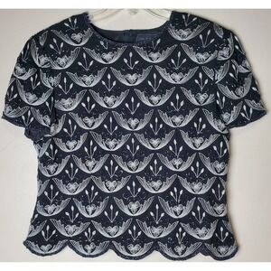 Vintage Cote D Azur XL Black Beaded Floral Silk Scallop Hem Metallic Maximalist